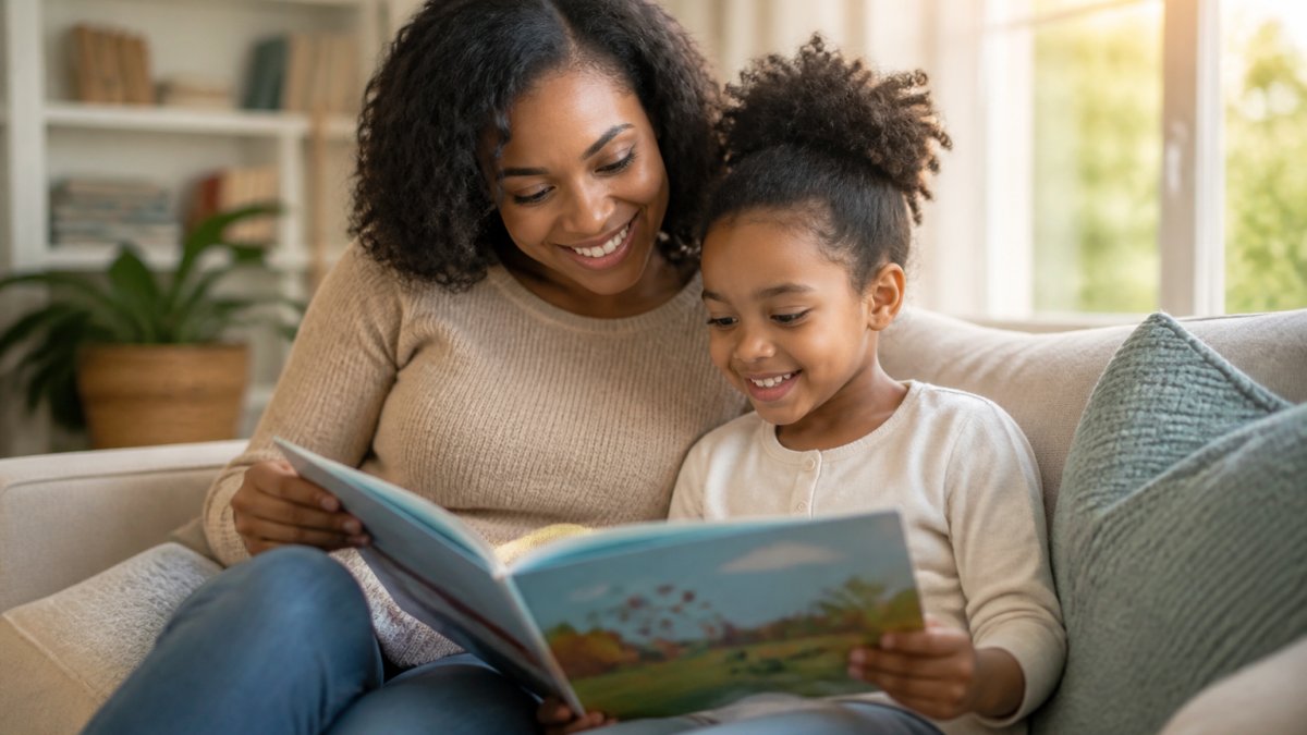 A parent and child sitting together on a cozy couch, reading a colorful picture book and smiling, warm natural light filling the room