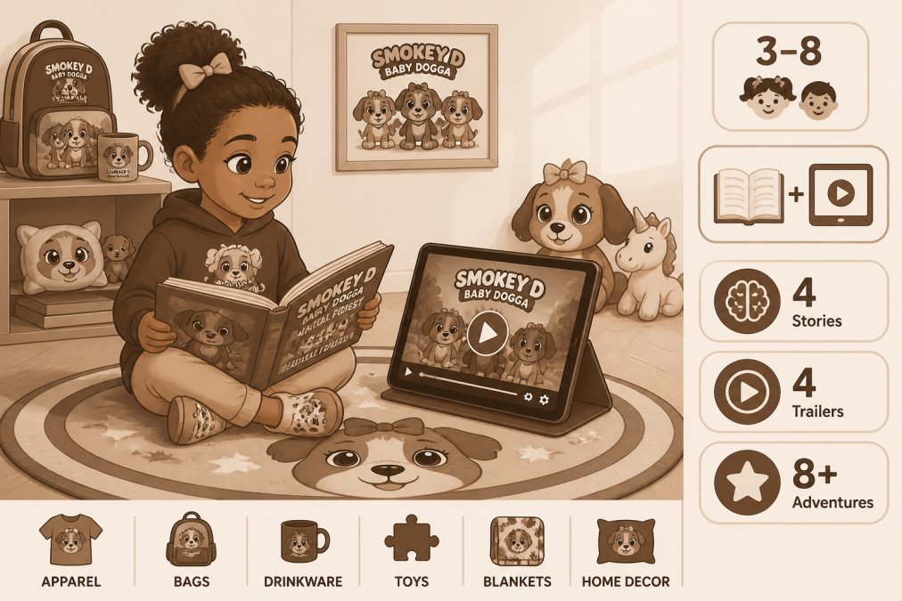 A young child aged 4-6 sitting on a colorful rug, holding an illustrated storybook and looking at a tablet screen showing a bright animated book trailer, with warm natural light and soft toys arranged nearby on a wooden floor