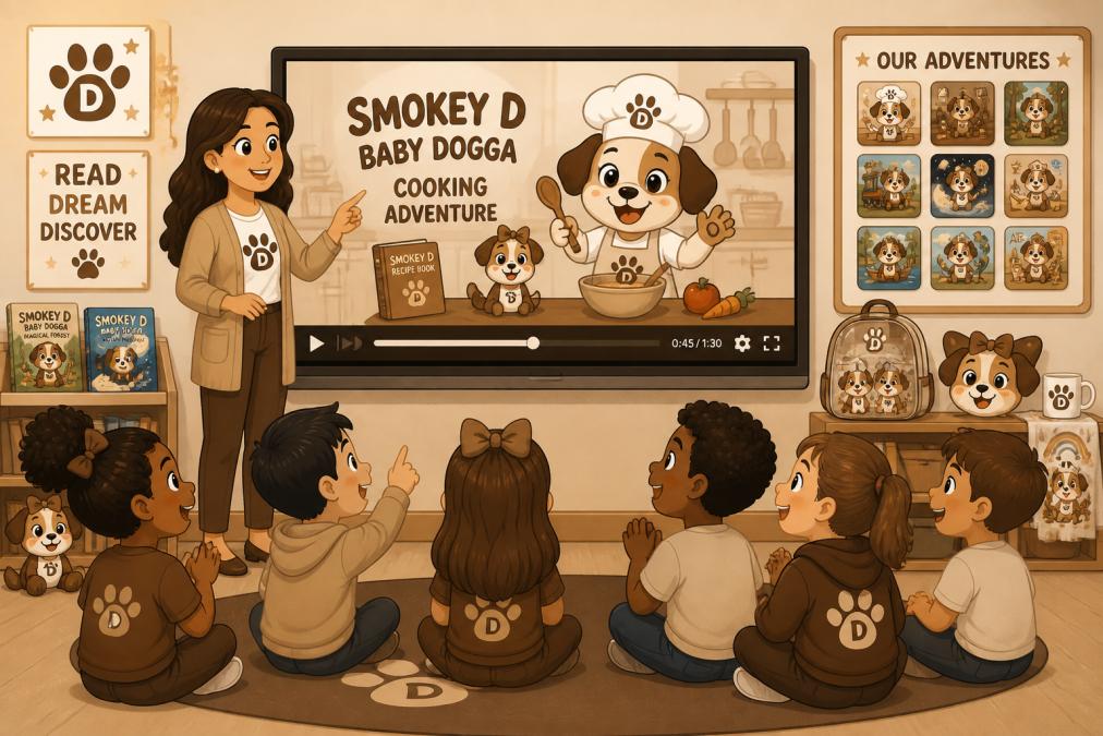 An elementary school teacher pointing to a large screen showing a colorful animated storybook trailer while a group of young children sit cross-legged on the classroom floor looking engaged and excited, warm overhead lighting and colorful classroom decorations visible in the background
