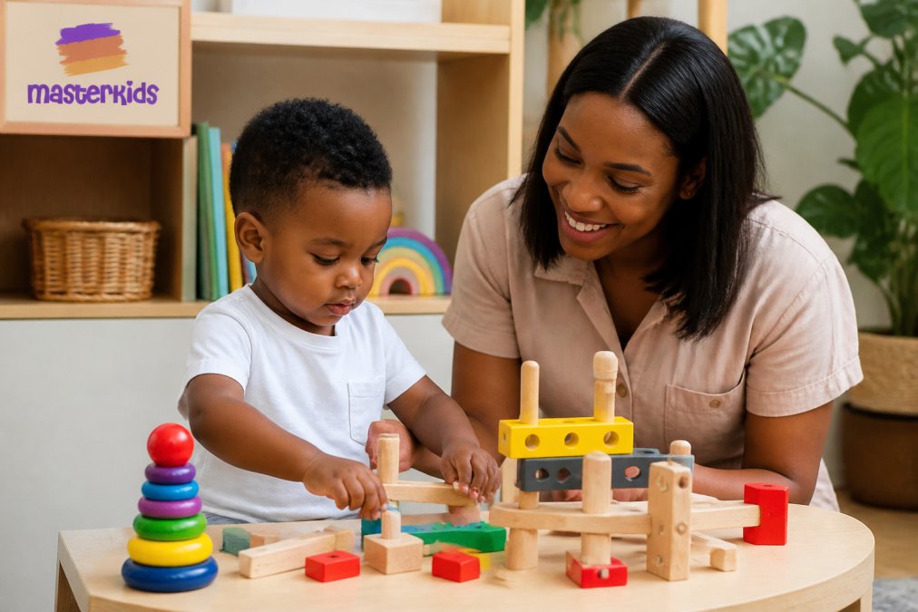 A young toddler exploring wooden building blocks and construction toys on a low play table, demonstrating open-ended creative play and hand-eye coordination with focused expression