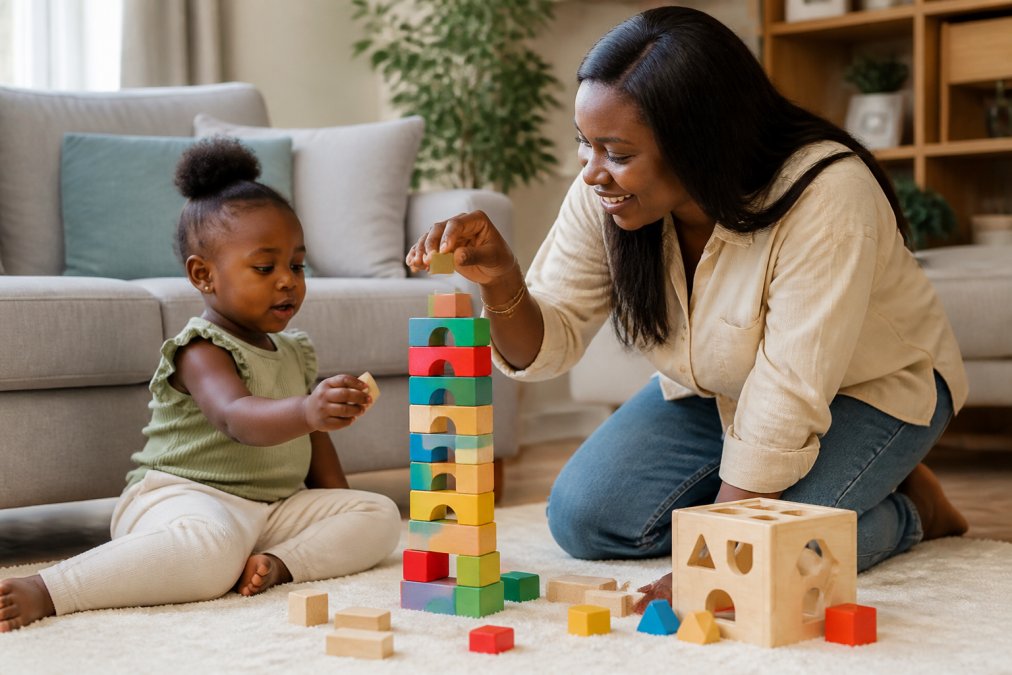 A Nigerian mother and her young child sitting on a bright living room floor, building a tall tower with colourful wooden blocks together in warm natural light