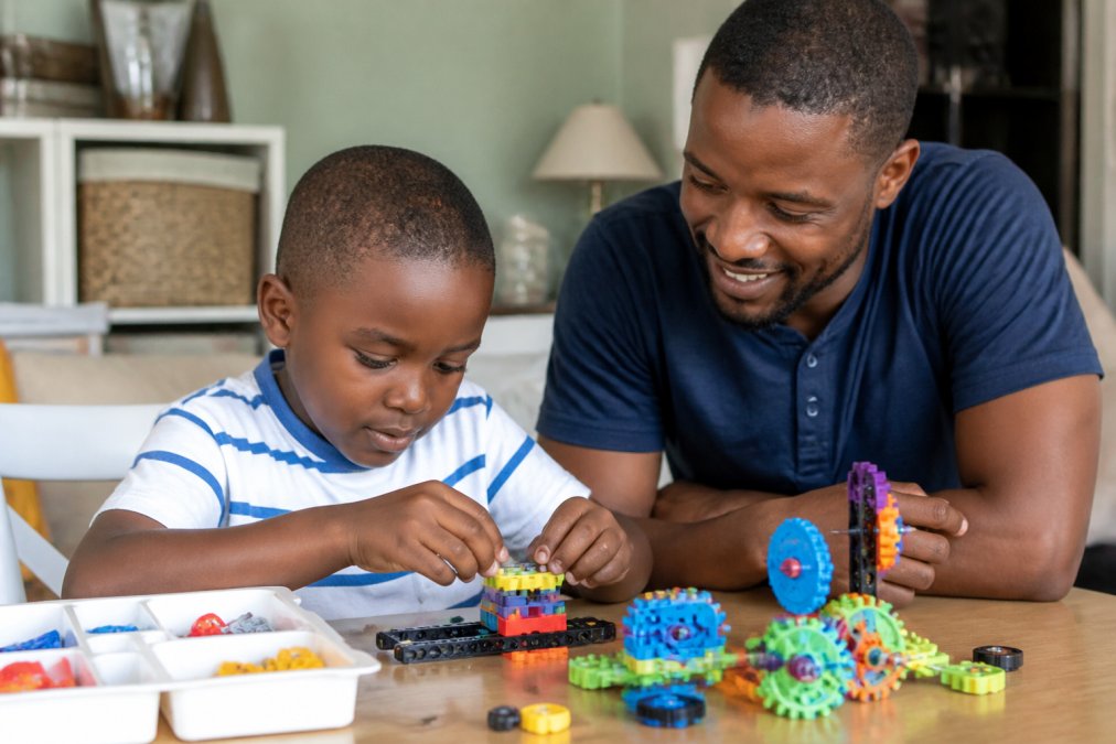 Infographic showing the step-by-step process of using educational toys like gear sets to build STEM problem-solving skills