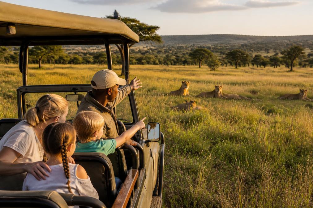 Family observing a pride of lions from an open safari vehicle at golden hour, with children pointing and a guide explaining animal behavior in the East African savanna