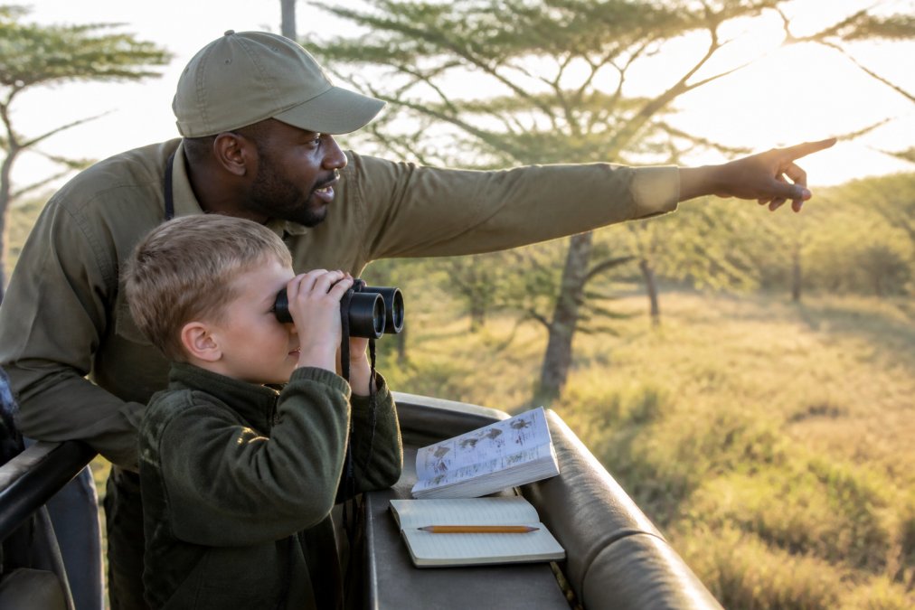 Young child with a naturalist guide examining bird species through binoculars in a wildlife sanctuary, with field guide and notebook visible, morning light filtering through acacia trees