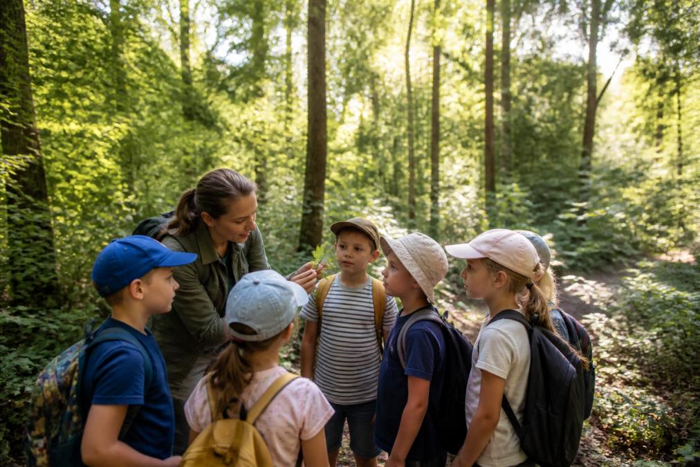 Grupa dzieci na wycieczce edukacyjnej w lesie, prowadzona przez nauczyciela, obserwująca rośliny i ekosystem wokół, naturalne światło przenikające przez korony drzew
