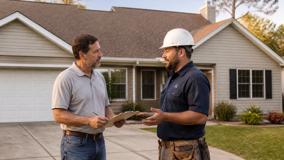A homeowner standing in a driveway holding a clipboard, talking with a roofing contractor in a hard hat in front of a single-story house with visible asphalt shingles, late afternoon light