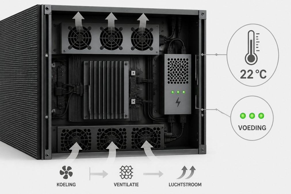 Binnenkant van LED-scherm met zichtbare ventilatieopeningen en koelsysteem, thermometer die temperatuur van 22 graden Celsius aangeeft, voedingseenheid met groene indicator-LED's