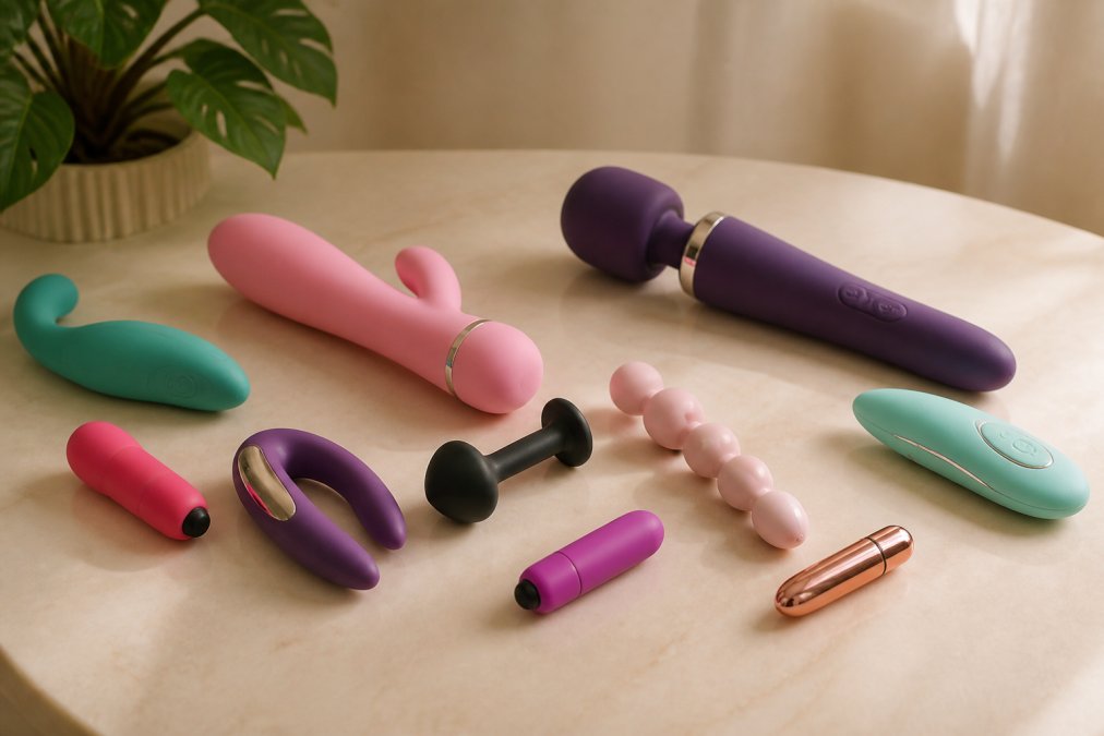 Verschillende beginner-vriendelijke seksspeeltjes netjes uitgestald op een neutrale achtergrond, van kleine bullet vibrators tot wand stimulators, met zachte, professionele verlichting