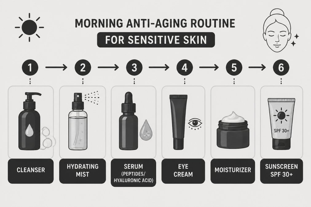 Six-step flowchart illustrating the morning skincare routine sequence for sensitive skin.