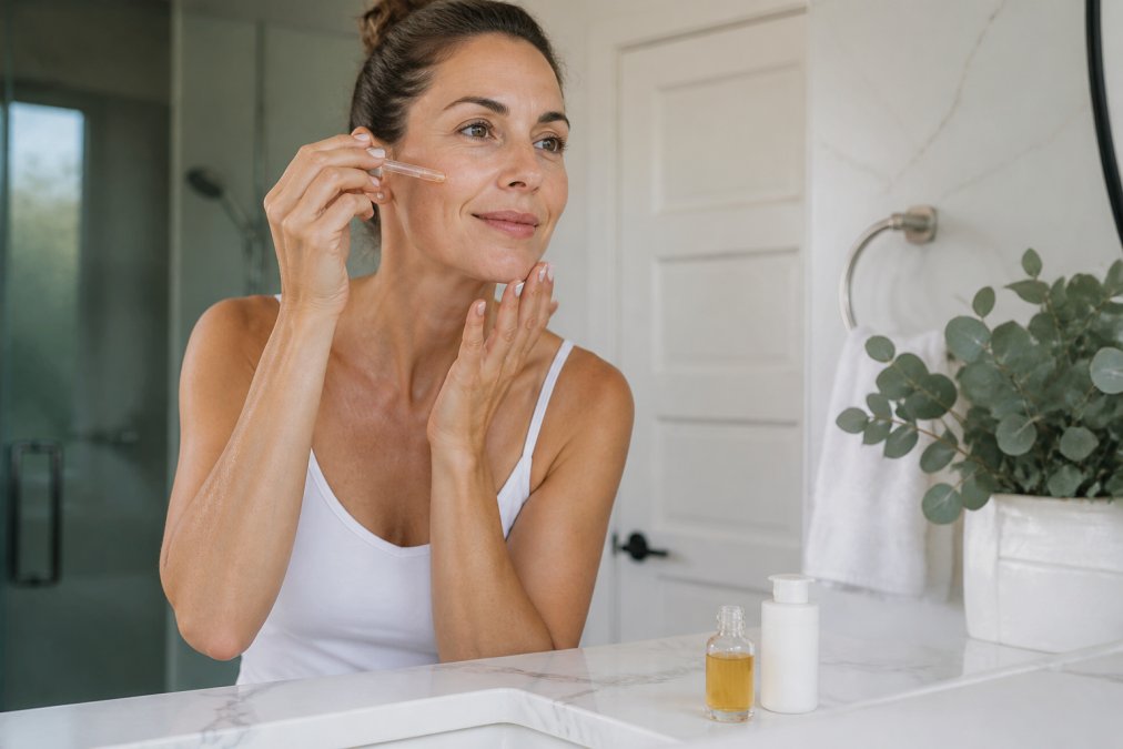 A woman in her 40s applying vitamin C serum to her face in a bright modern bathroom, with a clean white counter displaying a minimalist skincare set including a serum bottle and SPF moisturizer