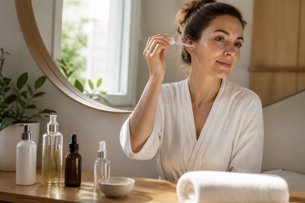 Woman in her 30s applying serum at a vanity as part of her anti aging routine in the morning light