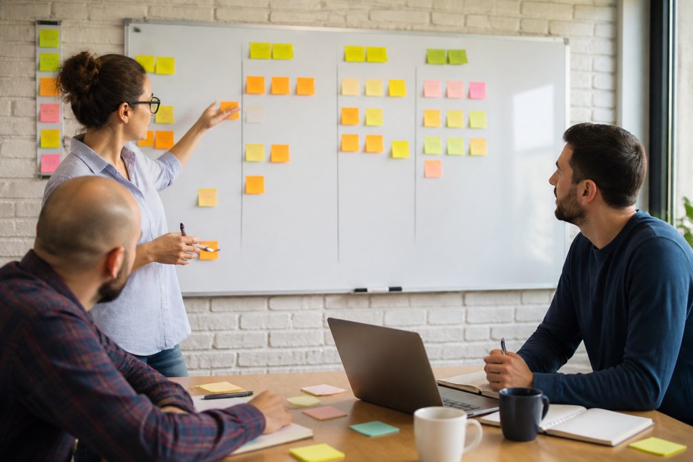A product owner and two developers gathered around a wall-mounted screen showing a digital backlog board, sticky notes and a laptop open on the table in a bright meeting room