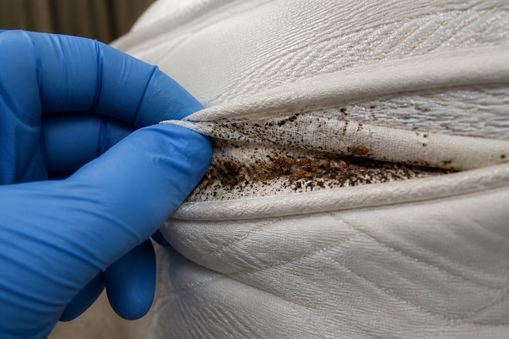 Close-up of a mattress seam showing small dark stains and shed insect skins, with a gloved hand pulling back the fabric to reveal the hiding spot