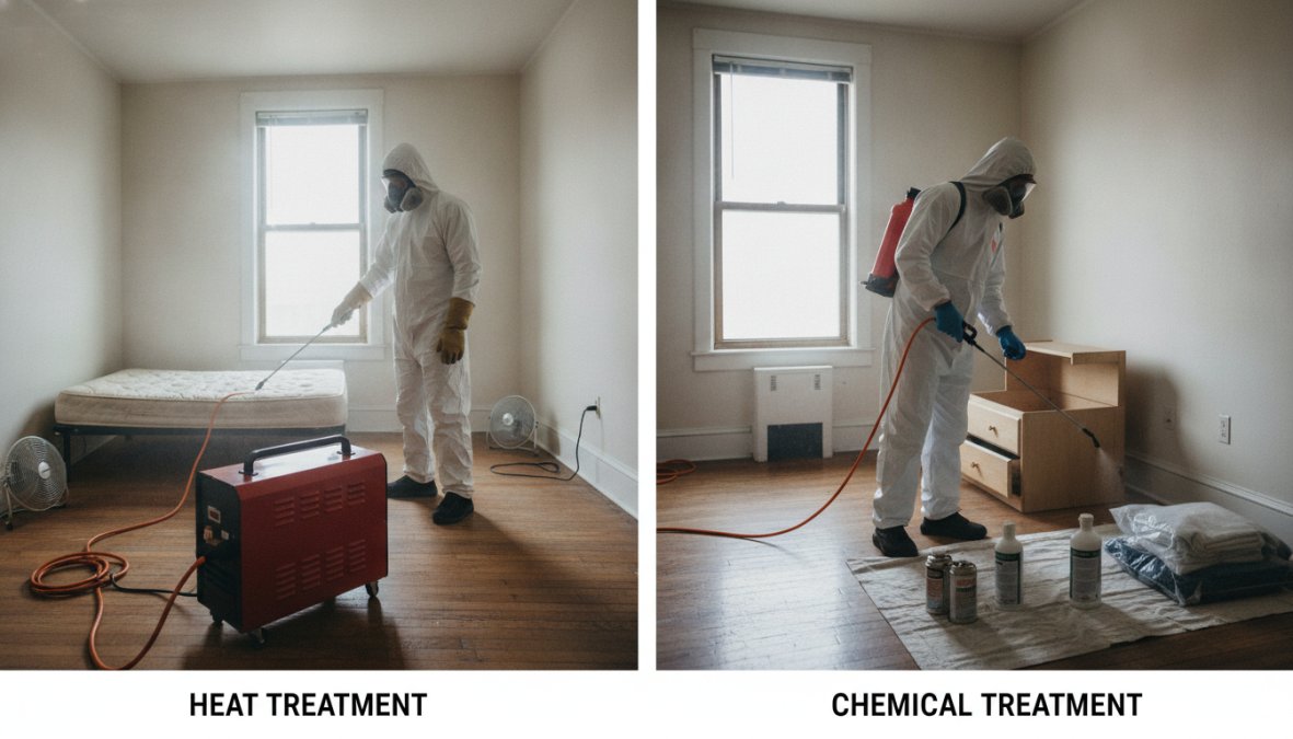 A pest management professional in uniform operating industrial heat treatment equipment inside an apartment bedroom, with large orange heaters positioned near the bed and protective gear visible, warm ambient lighting