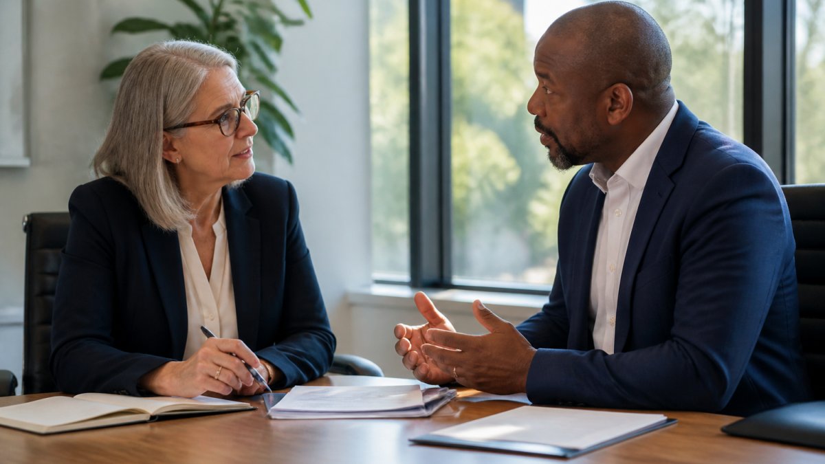Two experienced professionals engaged in focused one-on-one conversation in a modern boardroom, with documents and notepads on the table between them, natural light streaming through windows, demonstrating active mentoring engagement