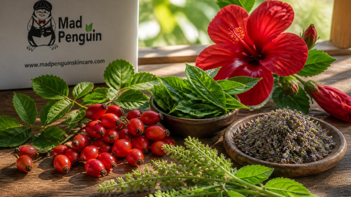 Fresh rosehip, green tea, hibiscus, and bakuchiol arranged on wood in soft morning light