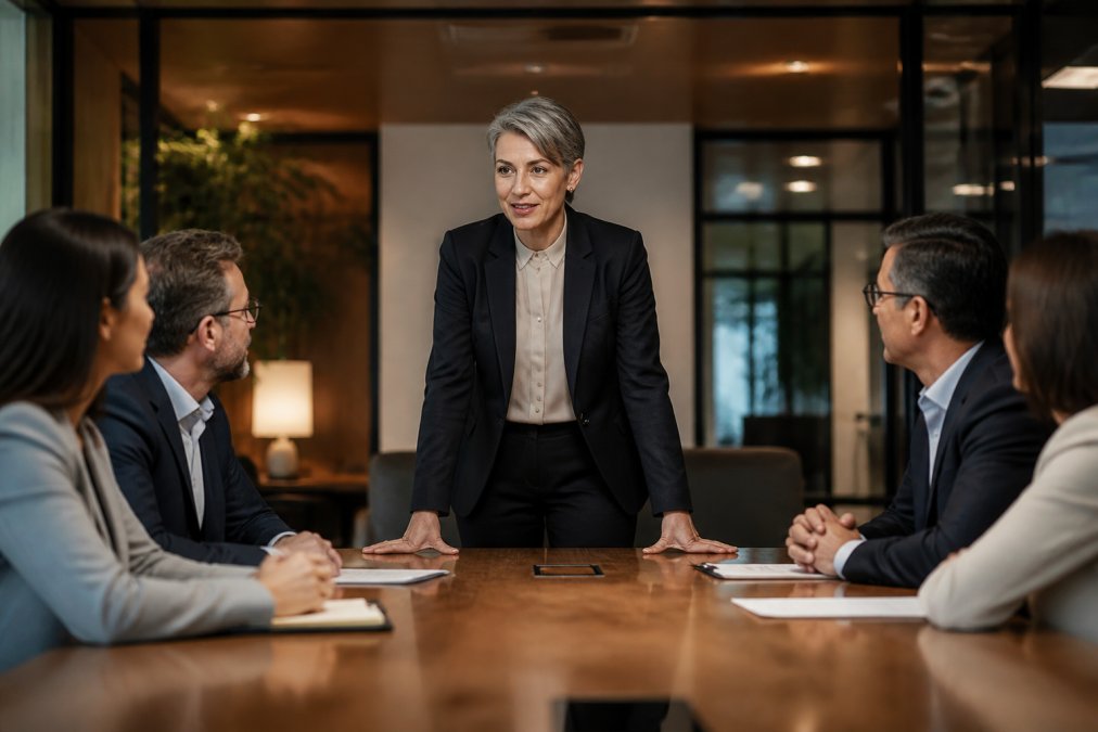 A senior executive standing confidently at the head of a conference table, making direct eye contact with colleagues seated around them in a modern corporate boardroom, warm overhead lighting creating a focused and authoritative atmosphere