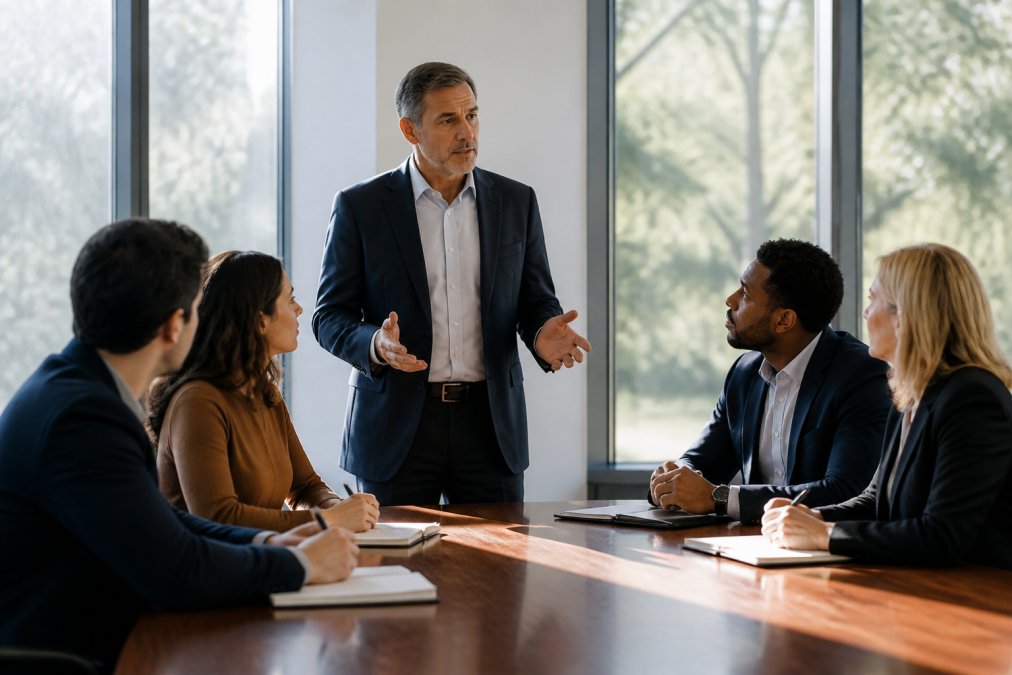 A senior leader addressing a small group of employees in a focused, serious meeting room, with attentive expressions and notepads visible on the conference table, natural daylight coming through large windows creating a calm but serious atmosphere