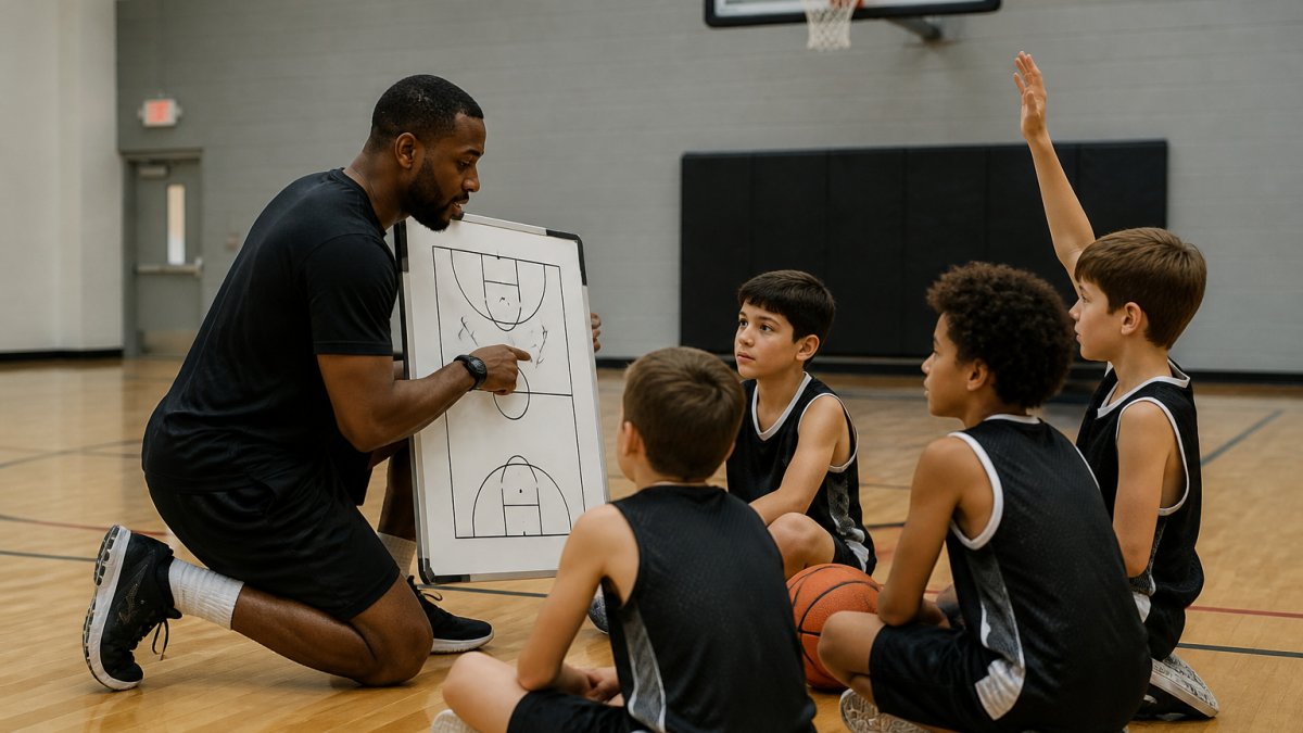 A youth basketball coach kneeling to eye level with a small group of players aged 7 to 10 on a gym floor, pointing at a whiteboard while the kids listen and one player raises a hand to ask a question