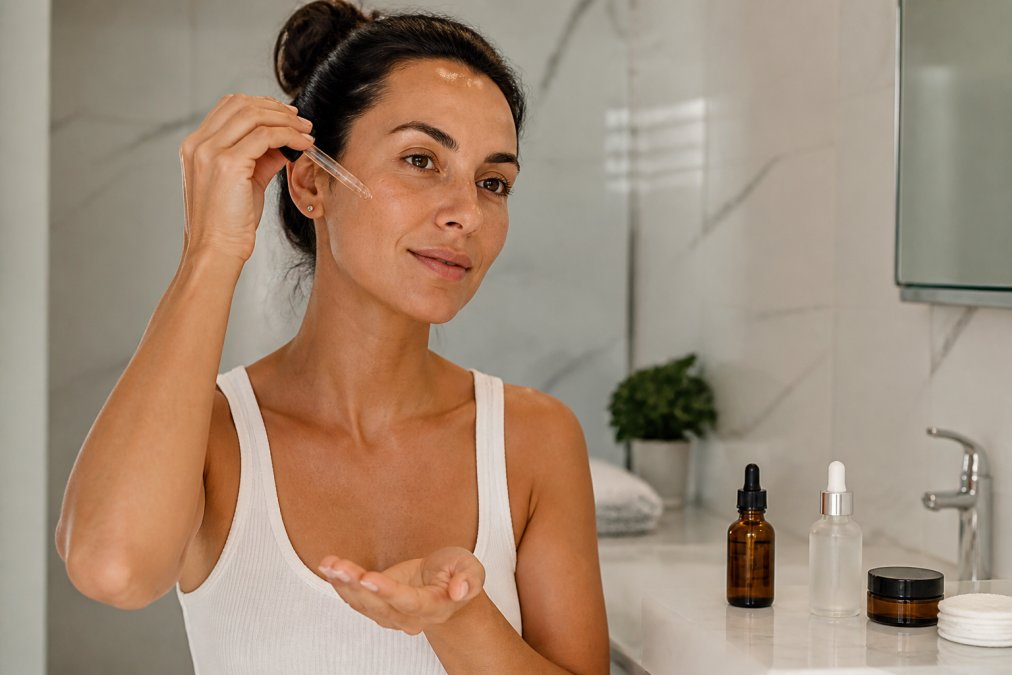 Woman in her 30s applying a clear serum to clean, damp skin in a bright, minimal bathroom, with a few skincare products arranged neatly on the counter beside her