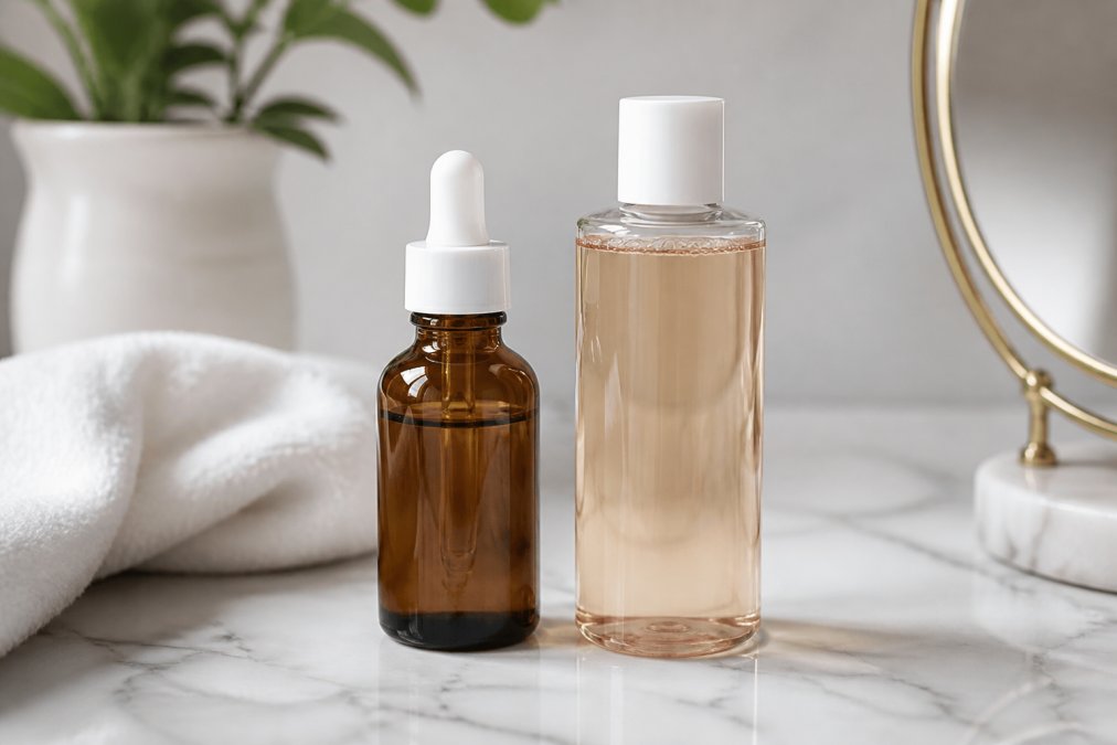 Close-up of two skincare product bottles, one labeled as a retinol serum and one as an exfoliating acid toner, placed side by side on a white marble surface with soft natural lighting