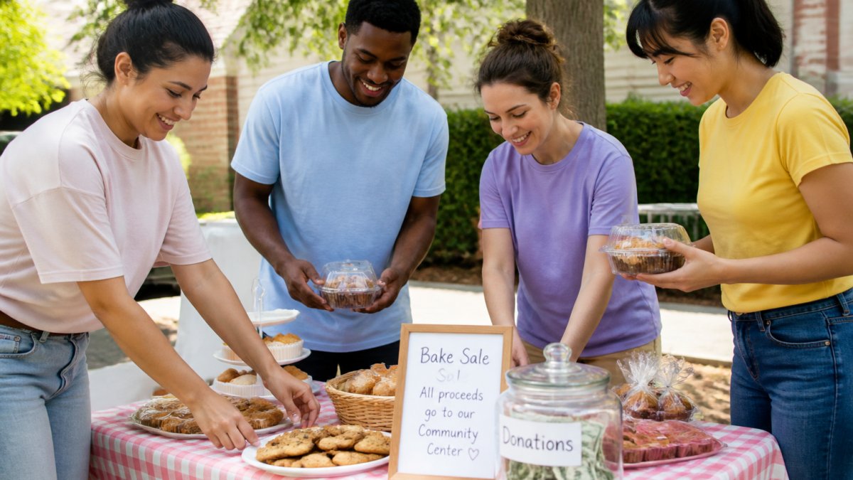 A small group of volunteers setting up a charity bake sale table outdoors with homemade goods, a donation jar, and a handwritten sign, smiling and working together on a sunny morning