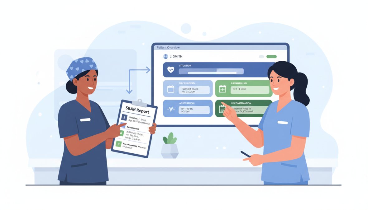 Two nurses in scrubs at a hospital nursing station, one handing over a clipboard and pointing at patient notes while the other listens attentively, with a computer screen showing electronic health records in the background