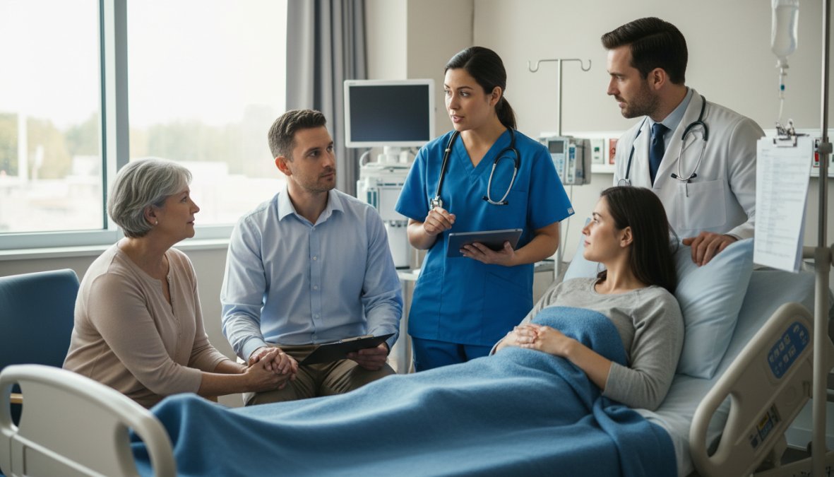 A small multidisciplinary healthcare team including a nurse, physician, and care coordinator gathered around a patient bed during a bedside handoff, with the patient and a family member present and engaged in the discussion in a well-lit hospital room