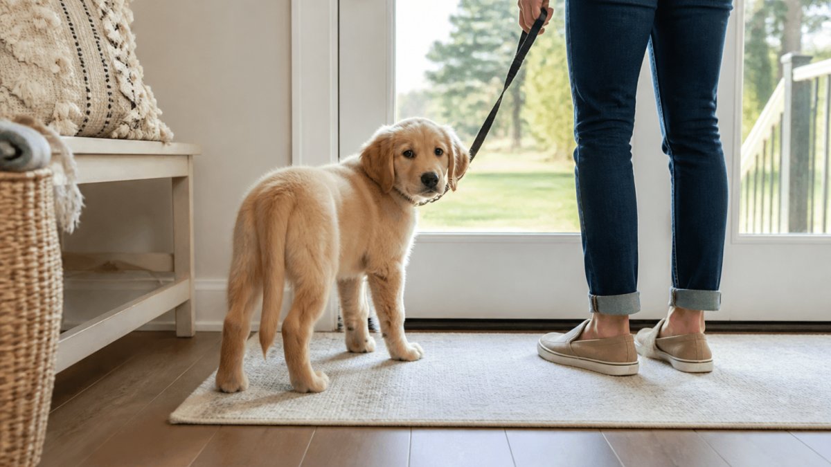 A young puppy standing by a back door with a person nearby holding a leash, bright home interior, ready for an outdoor potty break