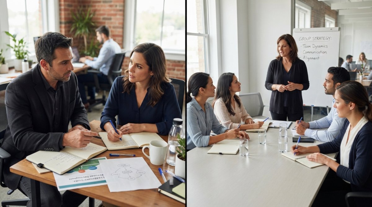 A small group of business professionals engaged in discussion around a conference table during a coaching session, with one person taking notes and others actively listening, natural office lighting