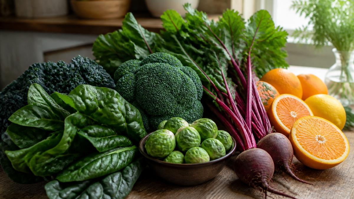 Colorful array of fresh vegetables including dark leafy greens, broccoli, Brussels sprouts, beets, and citrus fruits arranged on a wooden table with natural morning lighting