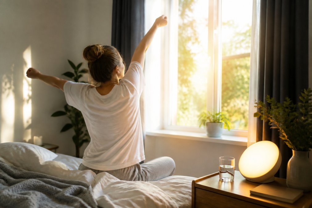 A person sitting on the edge of their bed, stretching towards a window with soft morning sunlight streaming in, a light therapy alarm clock glowing on the bedside table