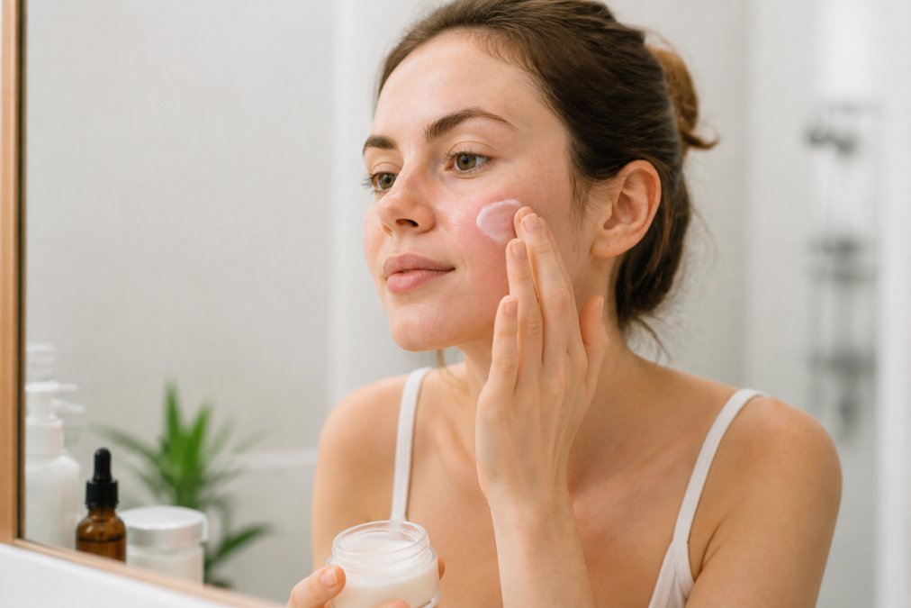 Woman gently applying a natural product to her sensitive skin in a bright, modern bathroom setting