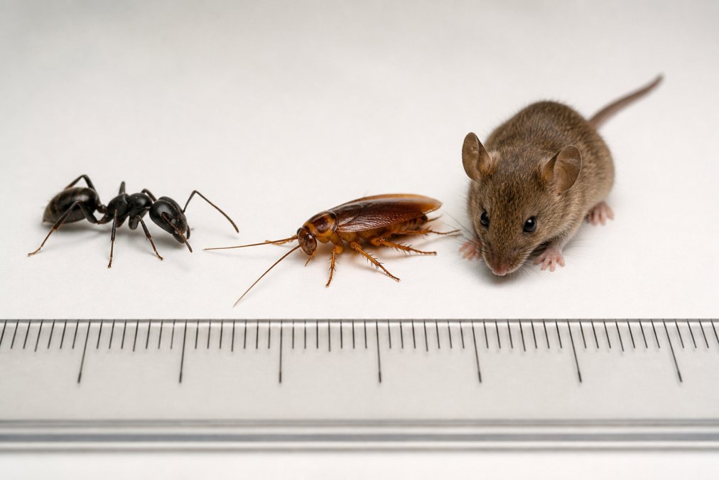 Close-up photograph of three common household pests (black carpenter ant, German cockroach, and brown mouse) arranged on a white surface with a ruler showing scale in millimeters, captured under bright studio lighting