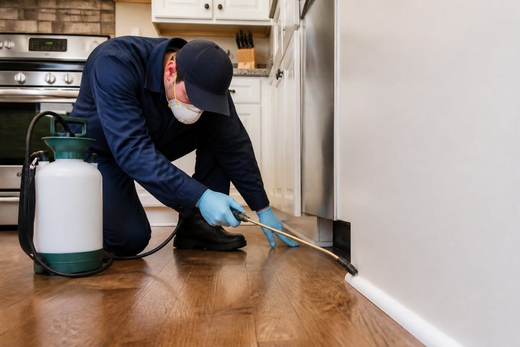 Licensed pest control technician in full uniform and protective equipment spraying treatment along interior baseboards and wall entry points in a residential kitchen, with professional equipment visible