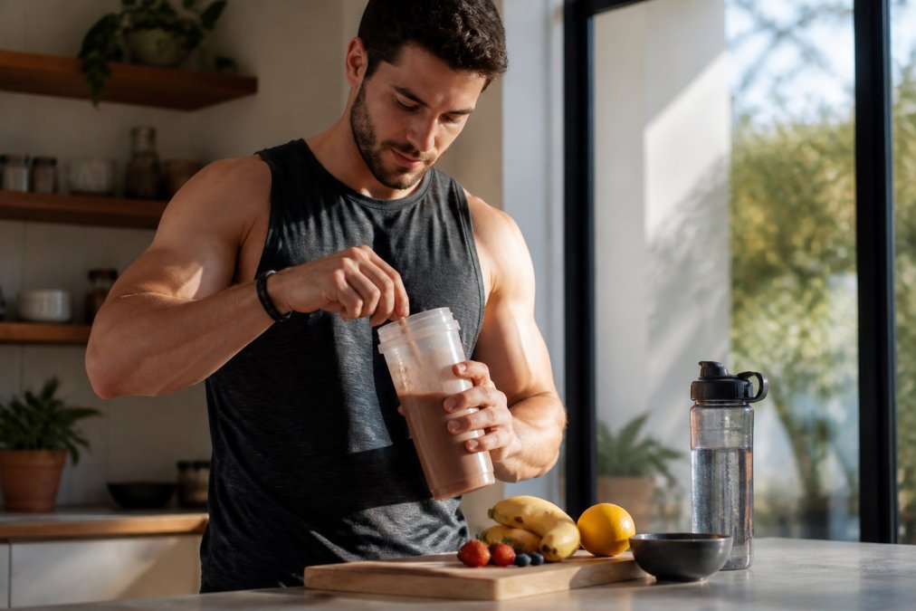 A fit athlete in workout gear mixing a chocolate protein shake in a shaker bottle on a kitchen counter, with fresh fruit and a water bottle nearby in natural light