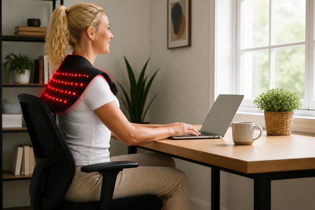 Office worker sitting at desk with proper ergonomic posture, monitor at eye level, feet flat on floor, shoulders relaxed, natural lighting from window