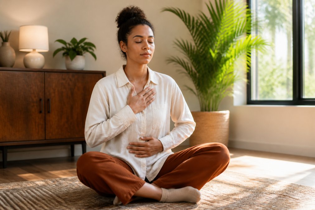 A person sitting comfortably in a quiet room with eyes closed, one hand resting on their chest, practicing slow deep breathing in soft natural light