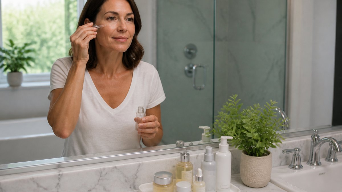 A woman in her 40s applying serum to her face in a bright, modern bathroom, with skincare products neatly arranged on a marble countertop