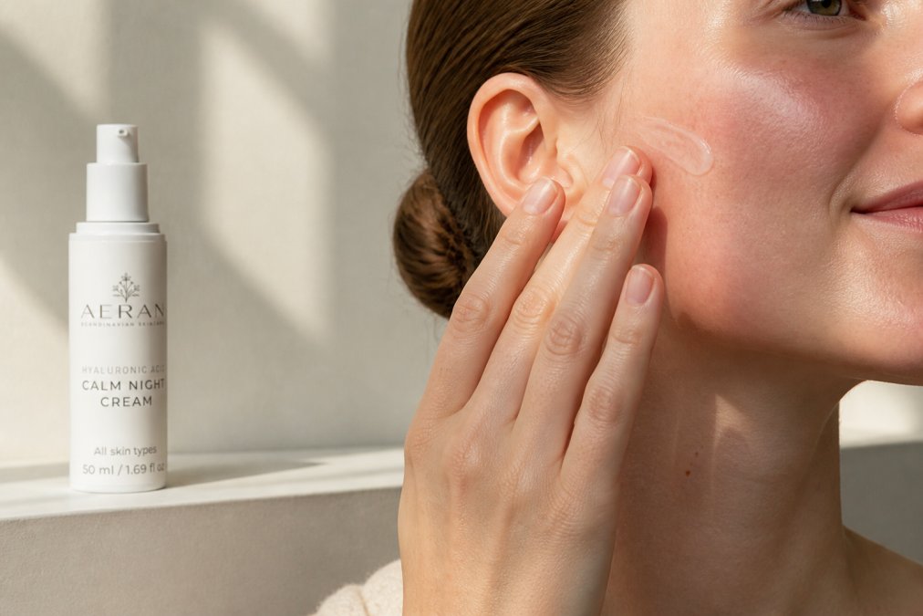 Close-up of a person's hand gently applying a lightweight, translucent serum to calm, slightly flushed facial skin, with soft natural window light illuminating the product texture and the skin's surface