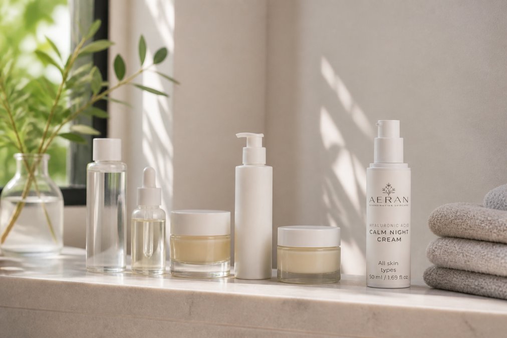 A serene bathroom shelf displaying an organized collection of skincare bottles and jars arranged in a clear morning and evening sequence, with warm natural light from a nearby window highlighting the product textures and labels