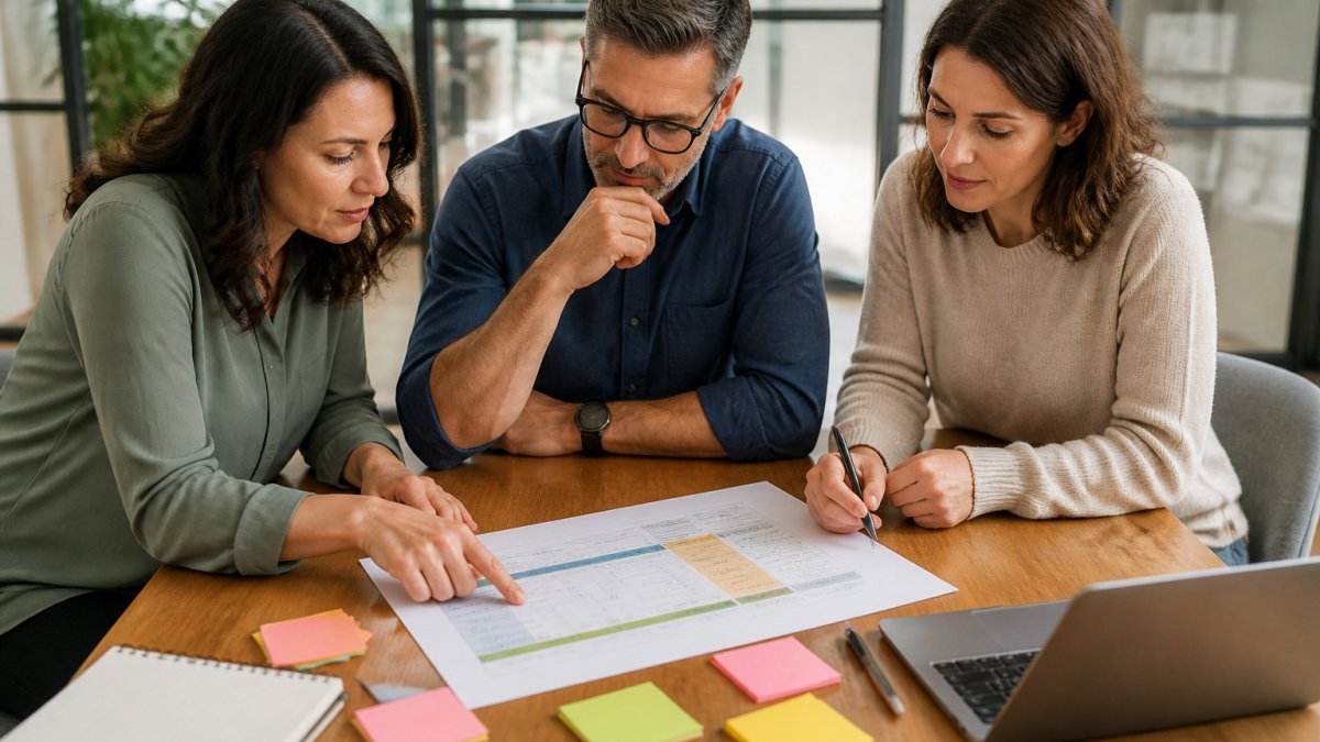 A small business owner and two team members reviewing a printed one-page strategic plan at a wooden table in a bright office, sticky notes and a laptop nearby