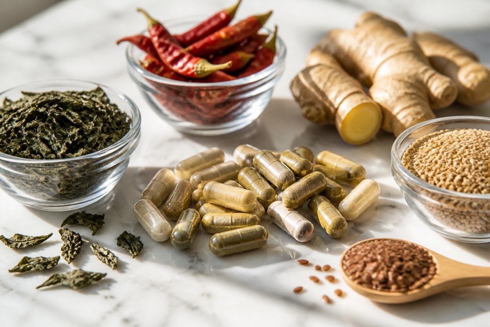 Close-up of supplement capsules and natural ingredients including green tea leaves, cayenne pepper, ginger root, and fiber sources arranged on a clean white marble surface with morning sunlight