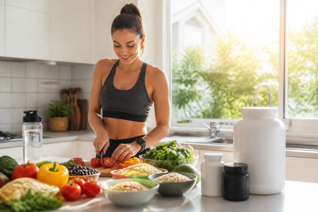 Active person in bright kitchen preparing healthy meal with fresh vegetables, whole grains, legumes, and water bottle visible on counter with morning sunlight streaming through windows