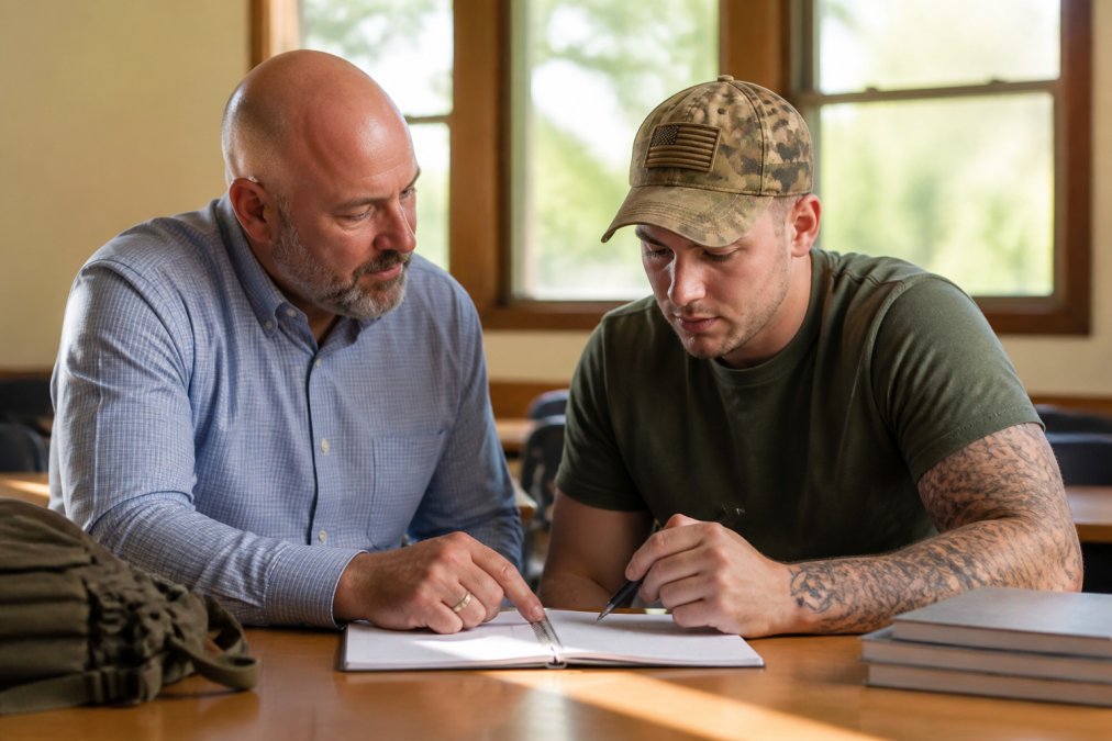 Teacher and student veteran using a laptop to apply effective teaching strategies for veterans in a quiet classroom.
