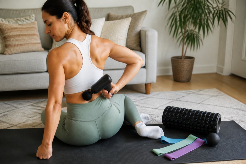 Woman using a handheld massage gun on her lower back while sitting on a yoga mat with recovery tools nearby