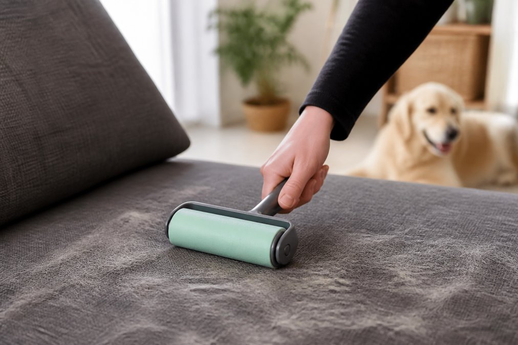 Close-up of a hand using a reusable fabric roller to lift dog hair from a grey fabric sofa in a bright living room