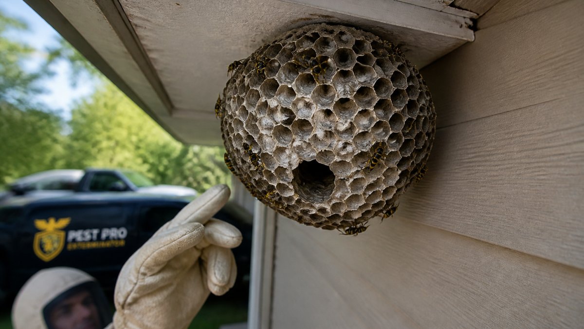 Close-up of a papery wasp nest attached to the exterior of a house eave, showing the distinctive honeycomb structure and entrance holes in natural daylight