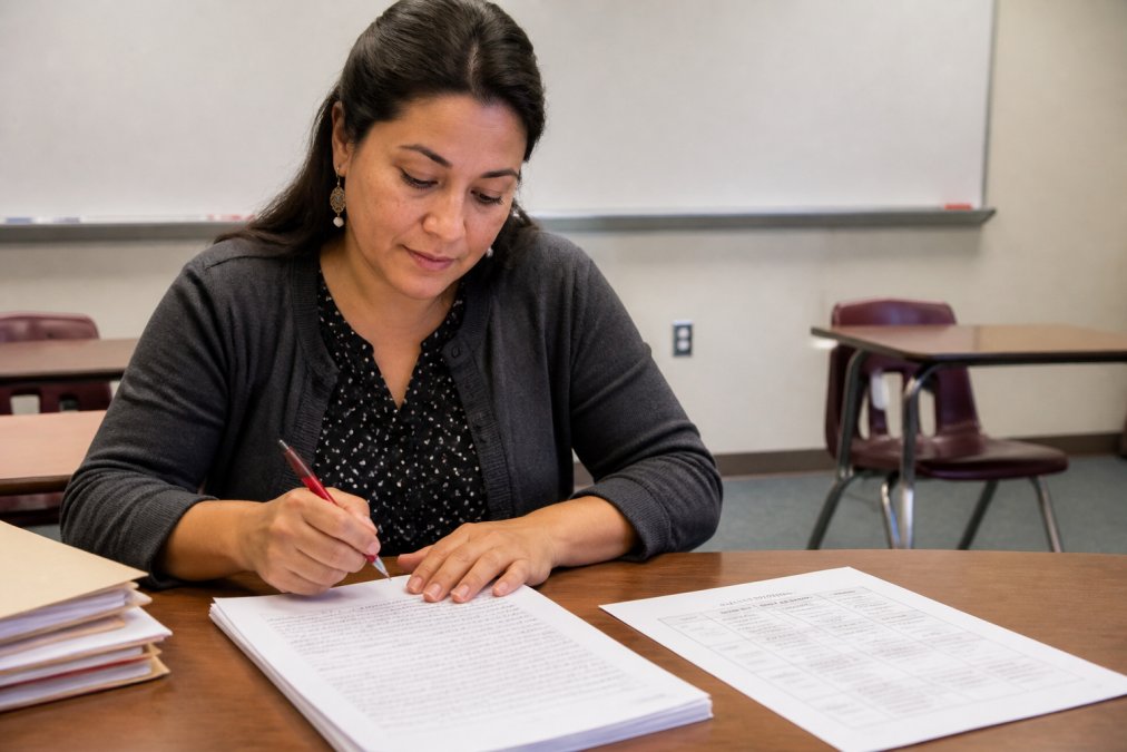Teacher at a desk using a rubric to assess student writing on a printed essay in a quiet classroom.