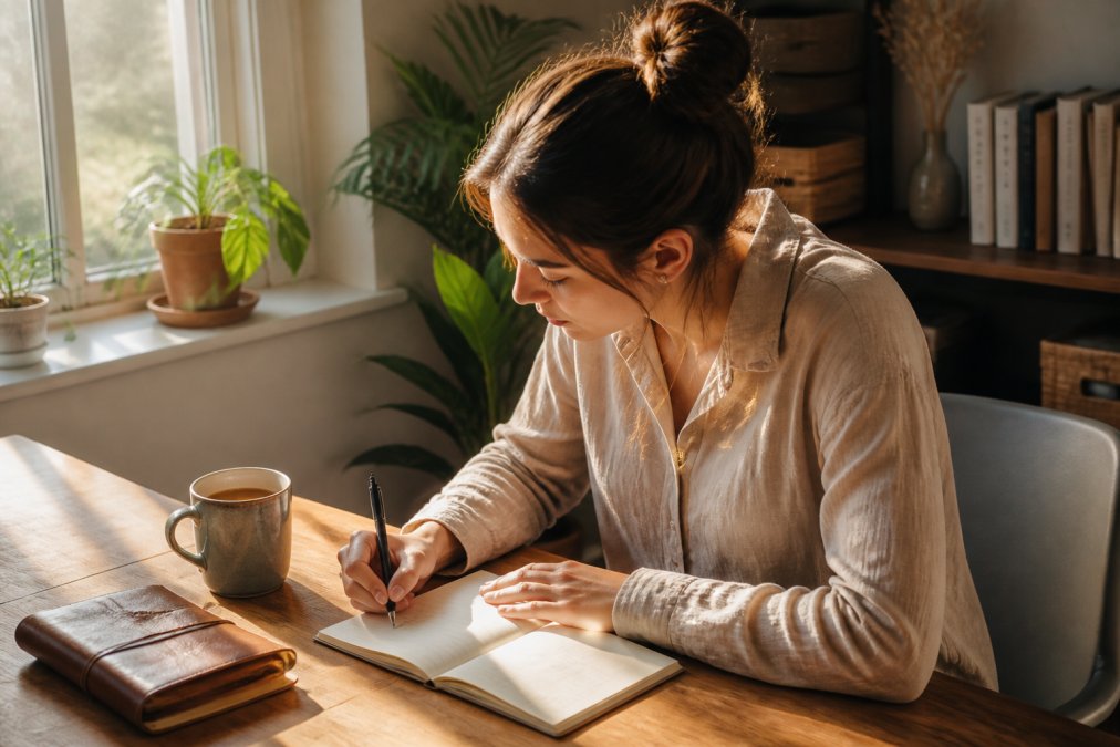 Person journaling at a desk with a warm beverage, natural morning light streaming through a window, notebook displaying affirmations and personal goals